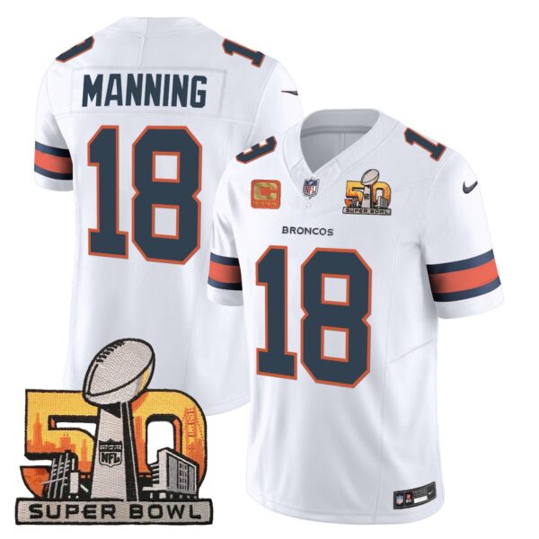 Denver Broncos Super Bowl 50 Patch Vapor Jersey – All Stitched – White – Peyton Manning Jersey