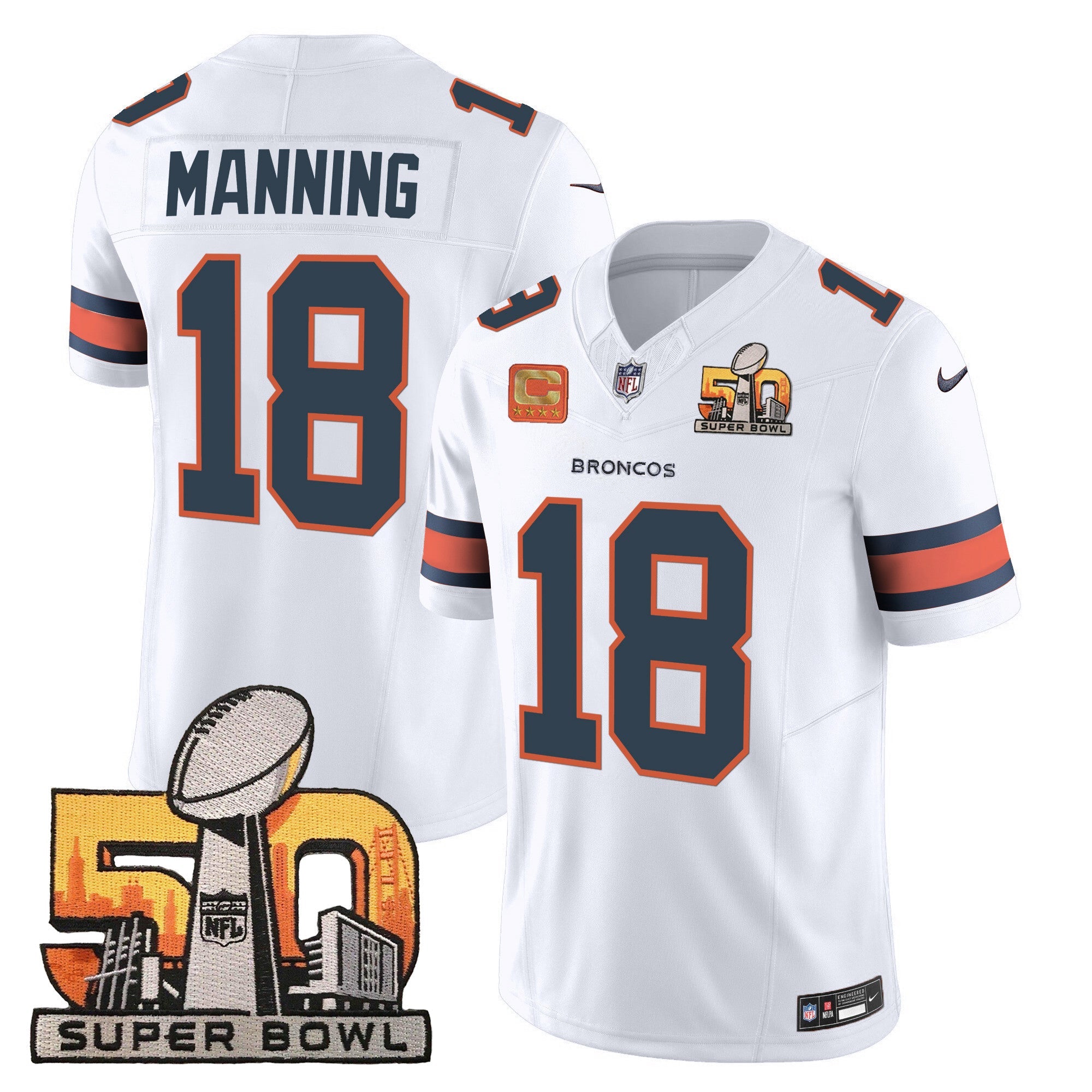 Denver Broncos Super Bowl 50 Patch Vapor Jersey – All Stitched – White – Peyton Manning Jersey
