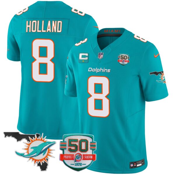 Dolphins 50th Perfect Season & Florida Patch Vapor Jersey – All Stitched – Aqua – Jevon Holland Jersey