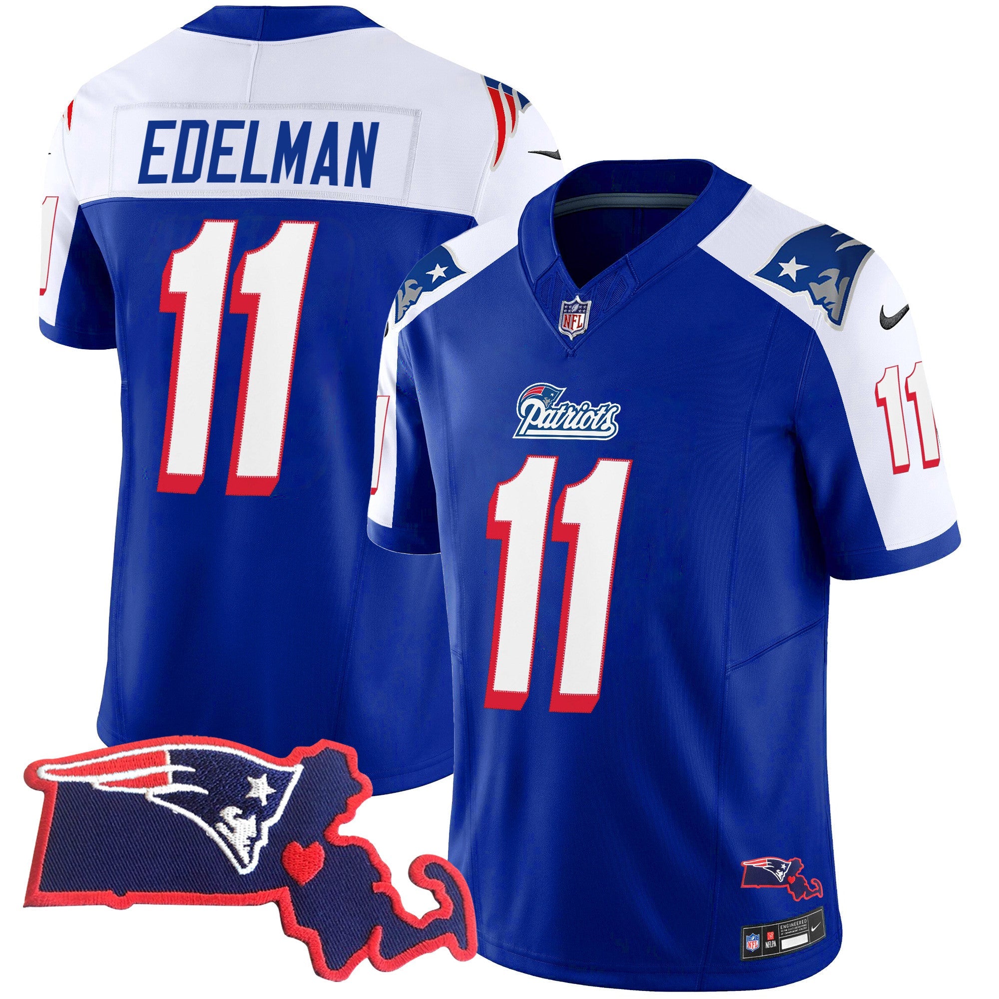 Patriots 1996 Throwback State Patch Vapor Jersey – All Stitched – Royal Alternate – Julian Edelman Jersey