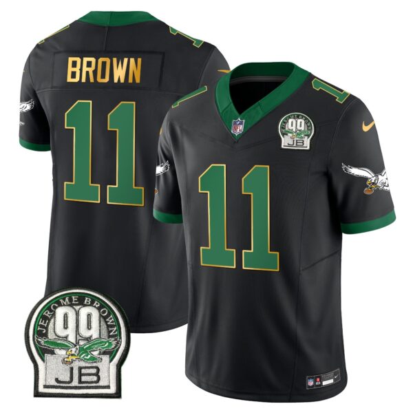 Eagles Jerome Brown Patch Kelly Green Gold Trim Jersey – All Stitched – Black – A.J. Brown Jersey