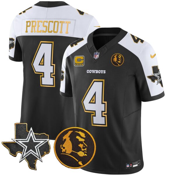 Cowboys Texas & John Madden Patch Gold Trim Vapor Jersey – All Stitched – Black Alternate – Dak Prescott Jersey