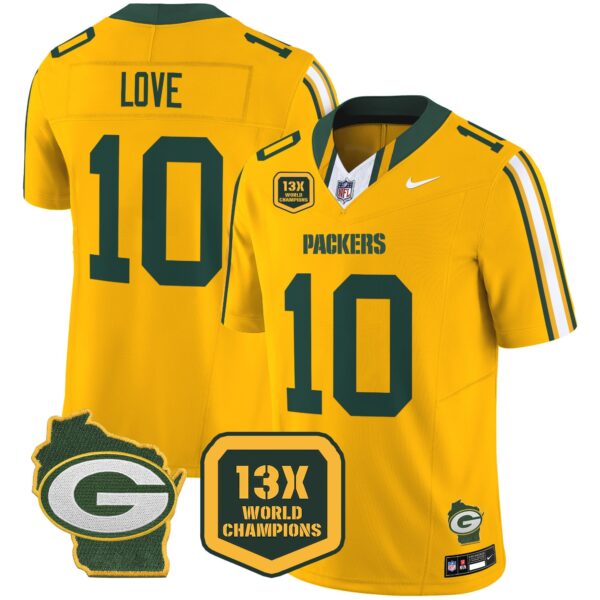Packers 13 Time World Champions & Home Patch Vapor Limited Jersey – All Stitched – Gold – Jordan Love Jersey