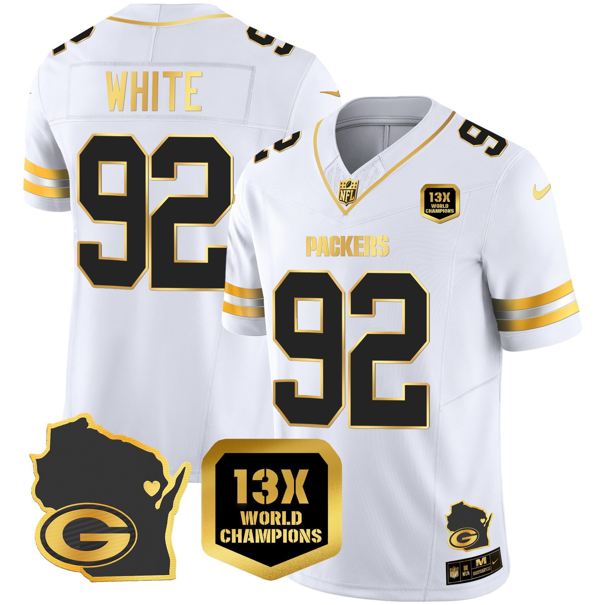 Packers 13 Time World Champions & Home Patch Gold Vapor Jersey V2 – All Stitched – White Gold – Reggie White Jersey