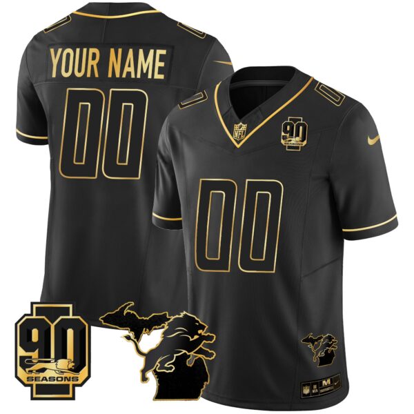 Detroit Lions 90th Year & Michigan Patch Gold Vapor Custom Jersey – All Stitched – Black Gold Jersey