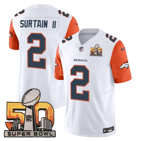 Denver Broncos Super Bowl 50 Patch Vapor Jersey – All Stitched – Orange Sleeves – Patrick Surtain II Jersey