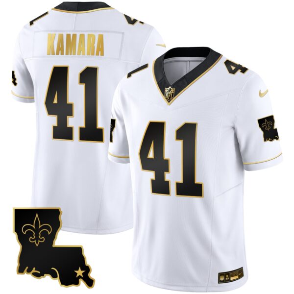 Saints 1987 Legacy Gold Vapor Jersey – All Stitched – White Gold – Alvin Kamara Jersey