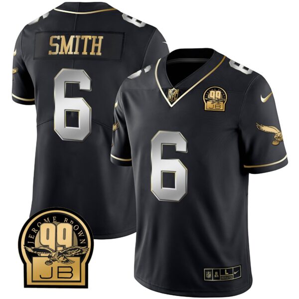 Eagles Jerome Brown Retired Patch Gold & Kelly Jersey – All Stitched – Black Limited – DeVonta Smith Jersey