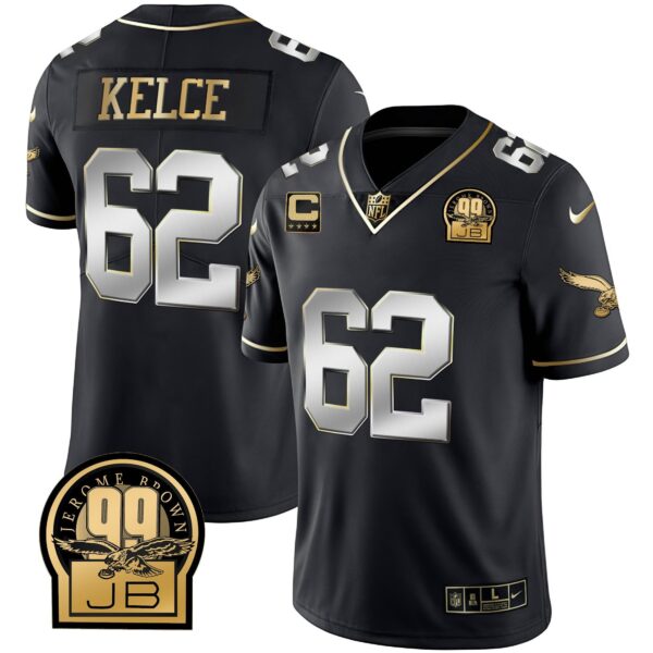 Eagles Jerome Brown Retired Patch Gold & Kelly Jersey – All Stitched – Black Limited – Jason Kelce Jersey