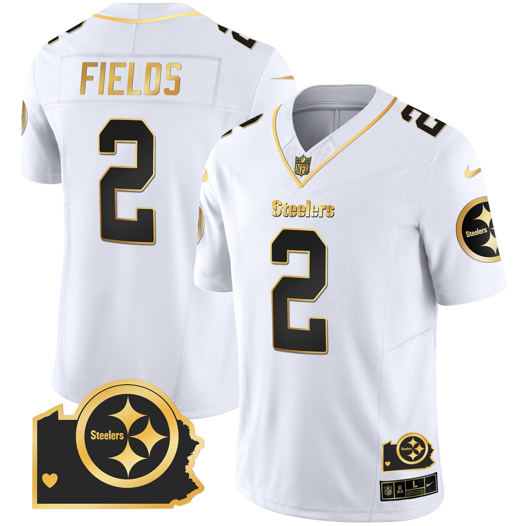 Steelers Home Patch Gold Vapor Jersey – All Stitched – White Gold – Justin Fields Jersey