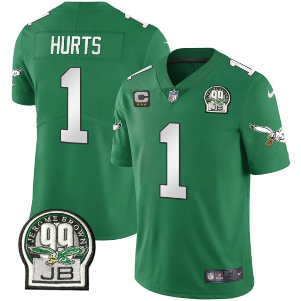 Eagles Jerome Brown Retired Patch Gold & Kelly Jersey – All Stitched – Kelly Green – Jalen Hurts Jersey