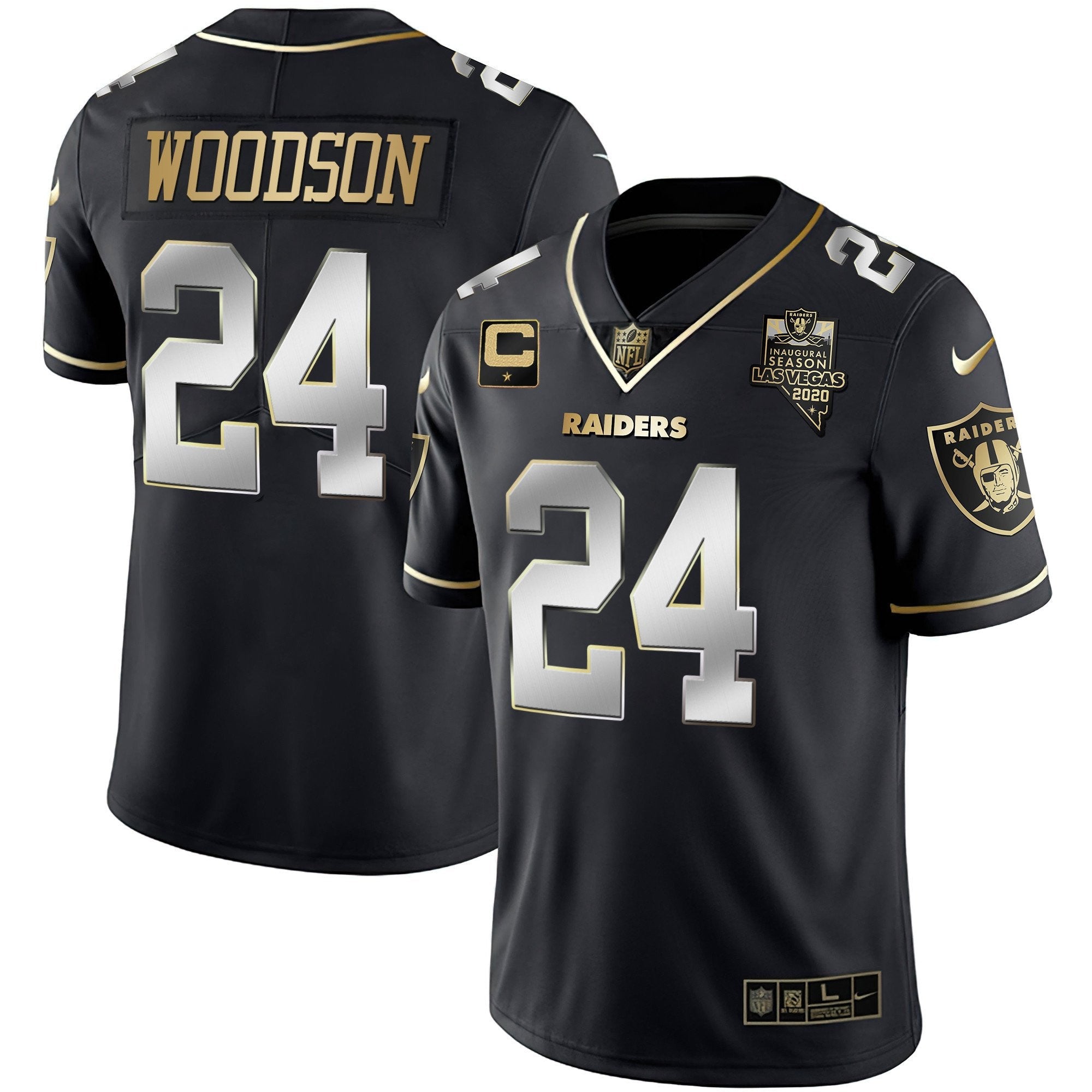 Raiders Inaugural Season Patch Gold & Split – All Stitched – Black Limited – Charles Woodson Jersey