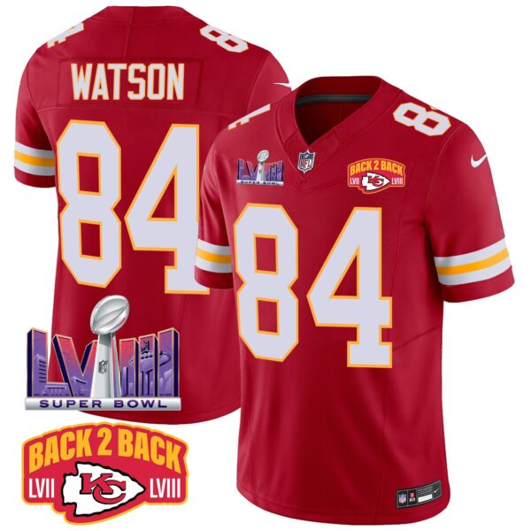 Chiefs Super Bowl LVIII & Back 2 Back Patch Vapor Jersey – All Stitched – Red – Justin Watson Jersey