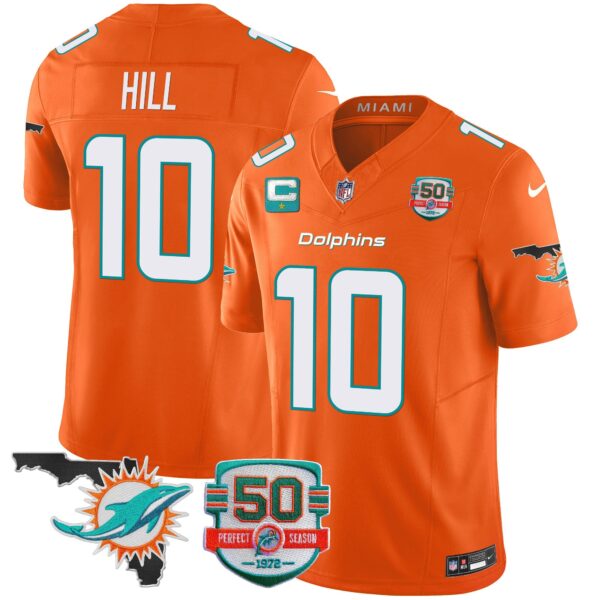 Dolphins 50th Perfect Season & Florida Patch Vapor Jersey – All Stitched – Orange – Tyreek Hill Jersey