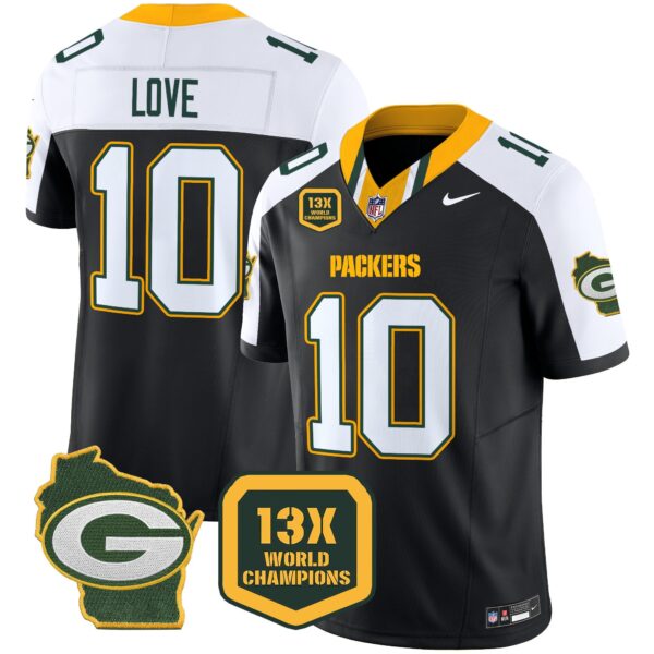 Packers 13 Time World Champions & Home Patch Vapor Limited Jersey – All Stitched – Black Alternate – Jordan Love Jersey