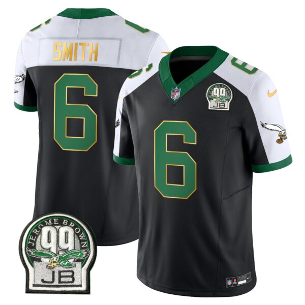 Eagles Jerome Brown Patch Kelly Green Gold Trim Jersey – All Stitched – Black Alternate – DeVonta Smith Jersey