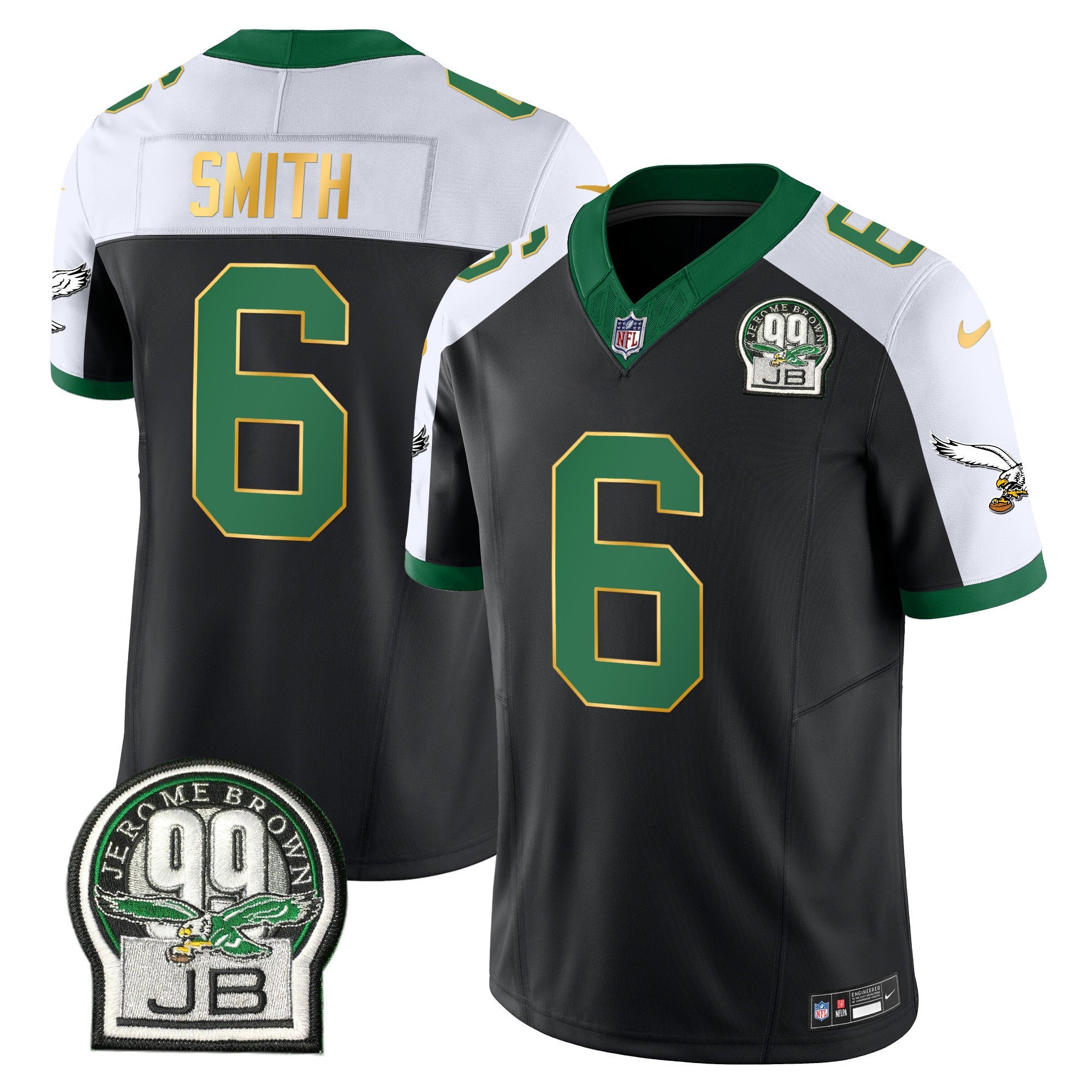 Eagles Jerome Brown Patch Kelly Green Gold Trim Jersey – All Stitched – Black Alternate – DeVonta Smith Jersey