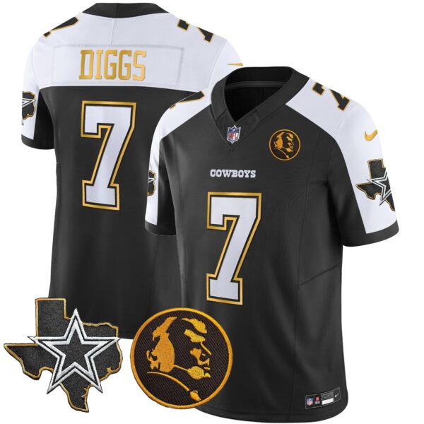 Cowboys Texas & John Madden Patch Gold Trim Vapor Jersey – All Stitched – Black Alternate – Trevon Diggs Jersey