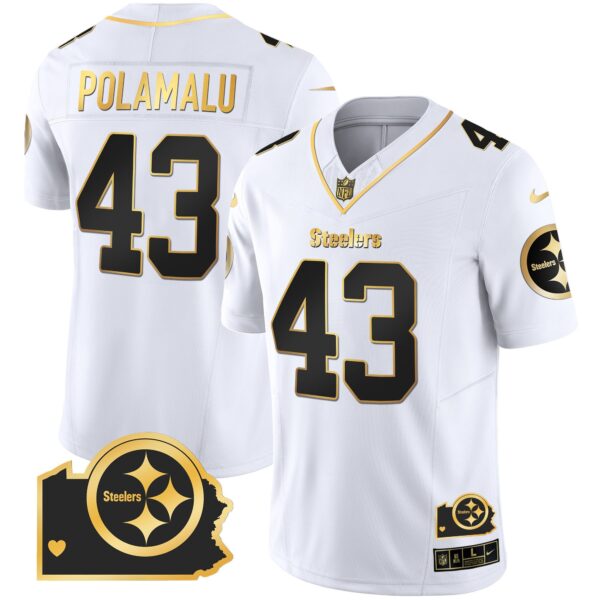 Steelers Home Patch Gold Vapor Jersey – All Stitched – White Gold – Troy Polamalu Jersey