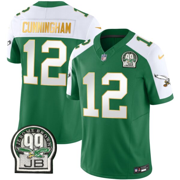 Eagles Jerome Brown Patch Kelly Green Gold Trim Jersey – All Stitched – Kelly Alternate – Randall Cunningham Jersey