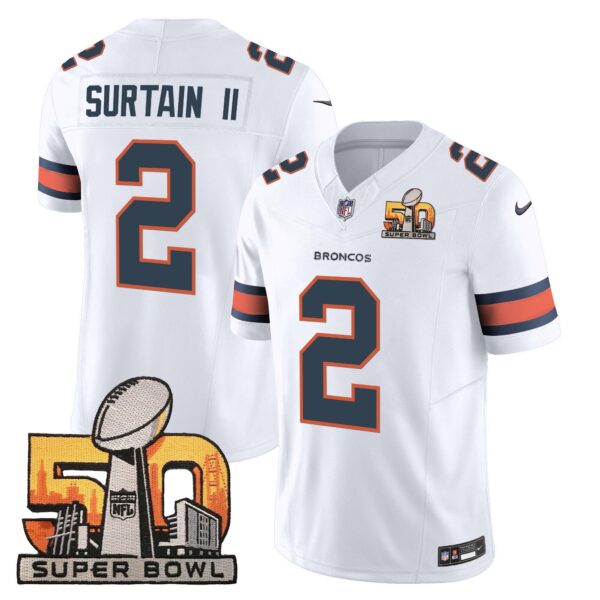 Denver Broncos Super Bowl 50 Patch Vapor Jersey – All Stitched – White – Patrick Surtain II Jersey