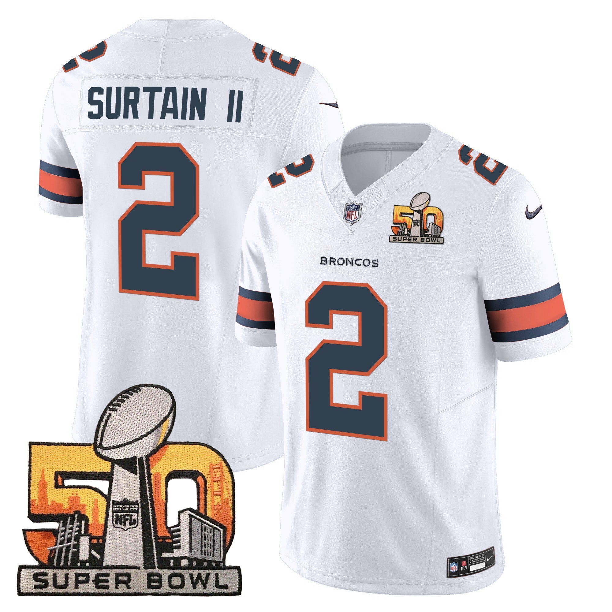 Denver Broncos Super Bowl 50 Patch Vapor Jersey – All Stitched – White – Patrick Surtain II Jersey