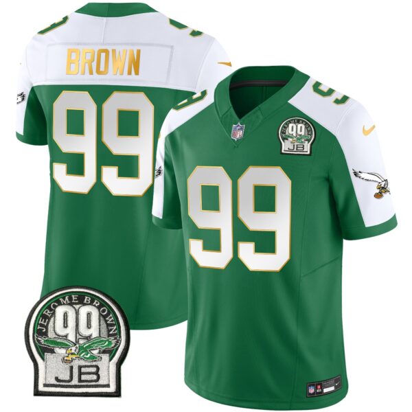 Eagles Jerome Brown Patch Kelly Green Gold Trim Jersey – All Stitched – Kelly Alternate – Jerome Brown Jersey
