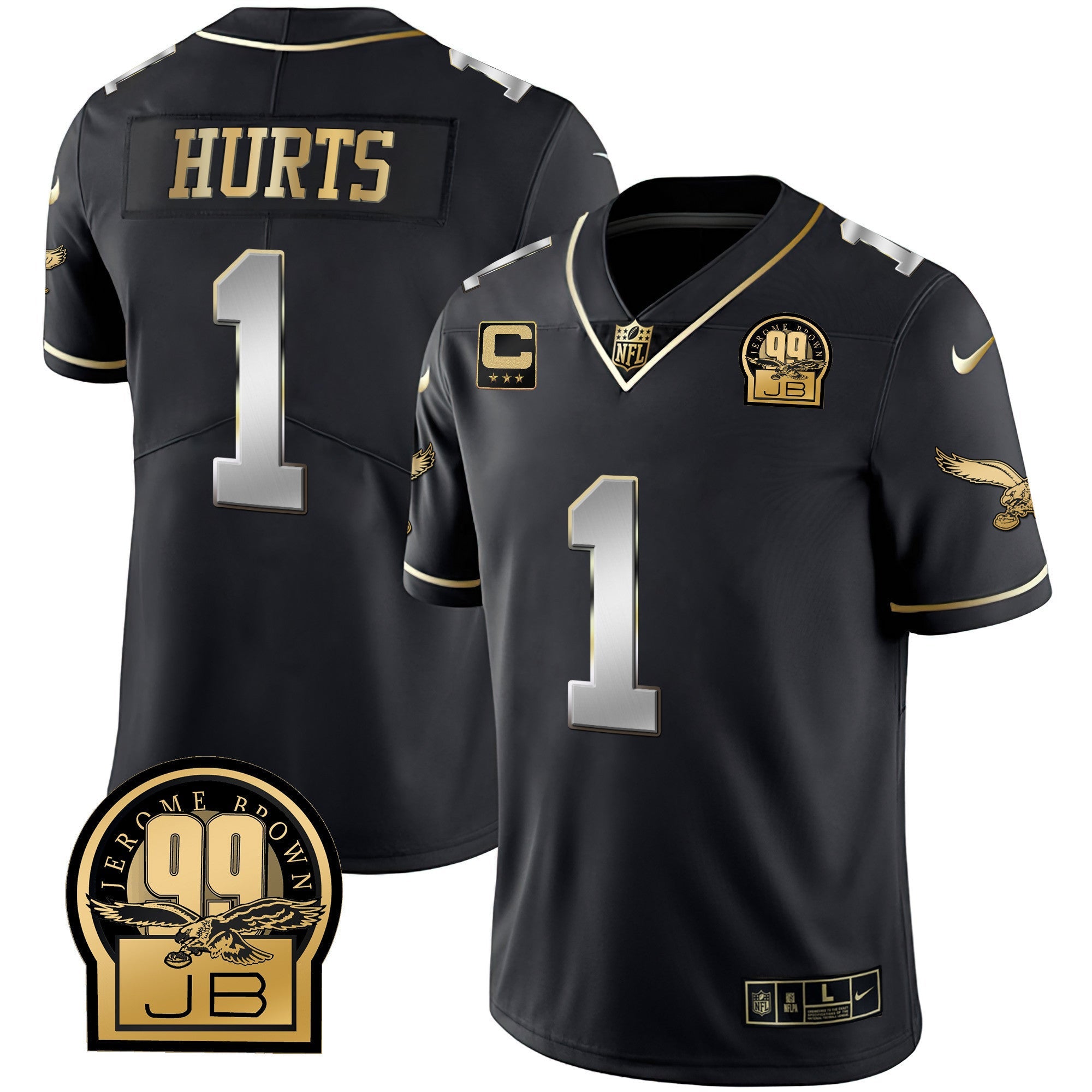 Eagles Jerome Brown Retired Patch Gold & Kelly Jersey – All Stitched – Black Limited – Jalen Hurts Jersey