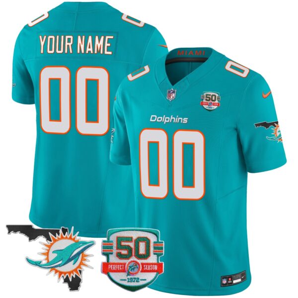 Dolphins 50th Perfect Season & Florida Patch Vapor Custom Jersey – All Stitched – Aqua Jersey