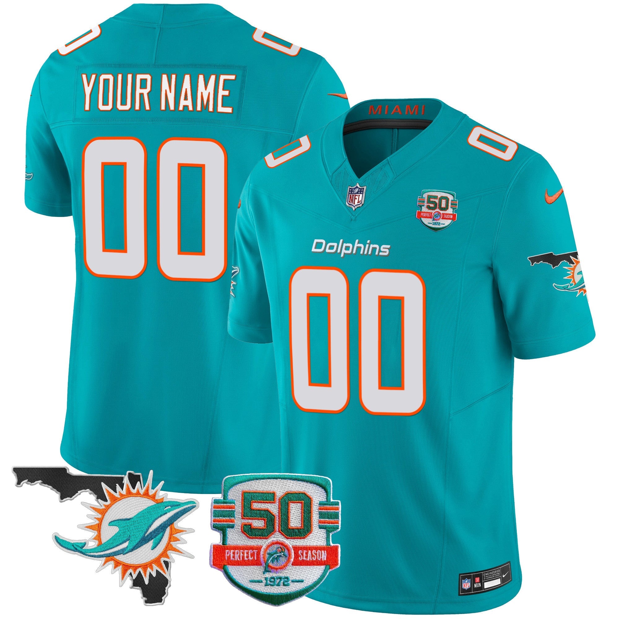 Dolphins 50th Perfect Season & Florida Patch Vapor Custom Jersey – All Stitched – Aqua Jersey