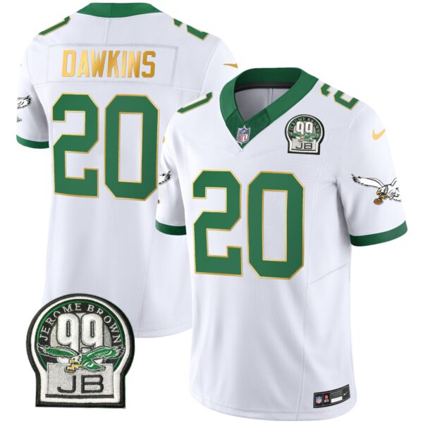 Eagles Jerome Brown Patch Kelly Green Gold Trim Jersey – All Stitched – Kelly White – Brian Dawkins Jersey