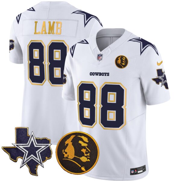 Cowboys Texas & John Madden Patch Gold Trim Vapor Jersey – All Stitched – White – CeeDee Lamb Jersey