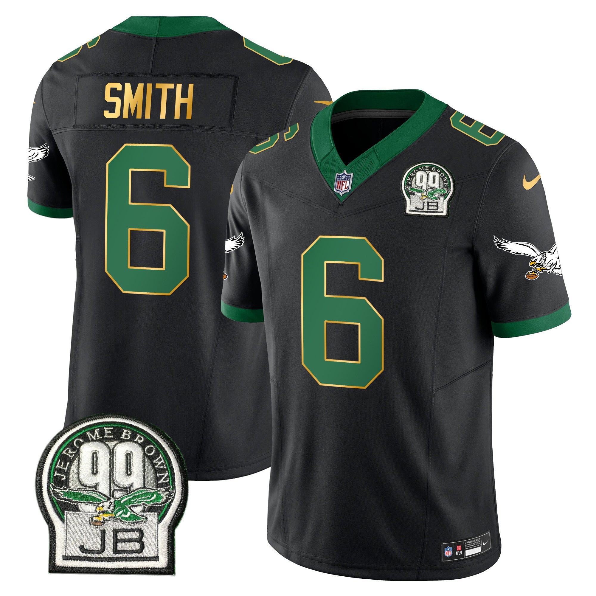 Eagles Jerome Brown Patch Kelly Green Gold Trim Jersey – All Stitched – Black – DeVonta Smith Jersey
