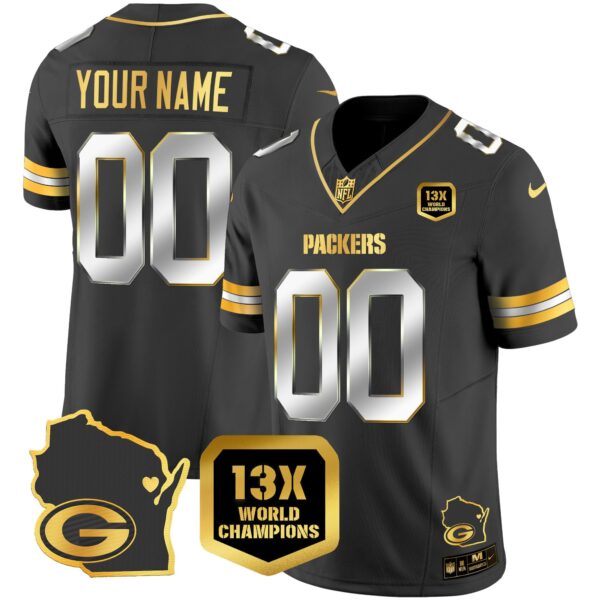 Packers 13 Time World Champions & Home Patch Gold Vapor Jersey V2 – All Stitched – Black Limited Jersey