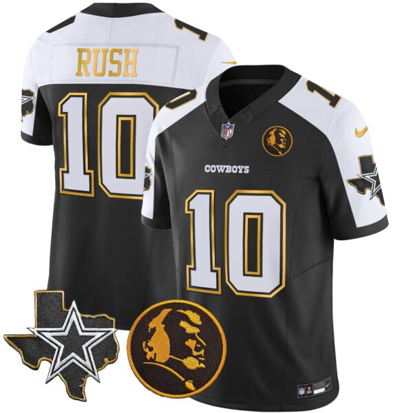 Cowboys Texas & John Madden Patch Gold Trim Vapor Jersey – All Stitched – Black Alternate – Cooper Rush Jersey