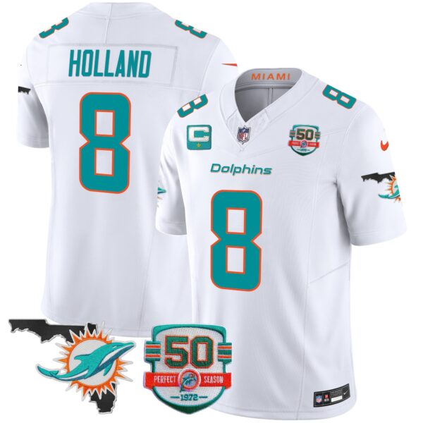 Dolphins 50th Perfect Season & Florida Patch Vapor Jersey – All Stitched – White – Jevon Holland Jersey