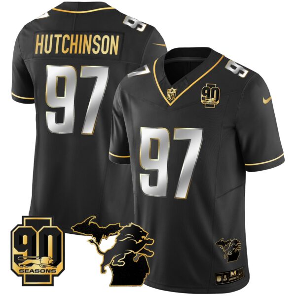 Detroit Lions 90th Year & Michigan Patch Gold Vapor Jersey – All Stitched – Black Limited – Hutchinson Jersey