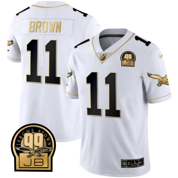 Eagles Jerome Brown Retired Patch Gold & Kelly Jersey – All Stitched – White Gold – A.J. Brown Jersey