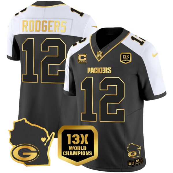 Packers 13 Time World Champions & Home Patch Gold Vapor Jersey V2 – All Stitched – Alternate – Aaron Rodgers Jersey