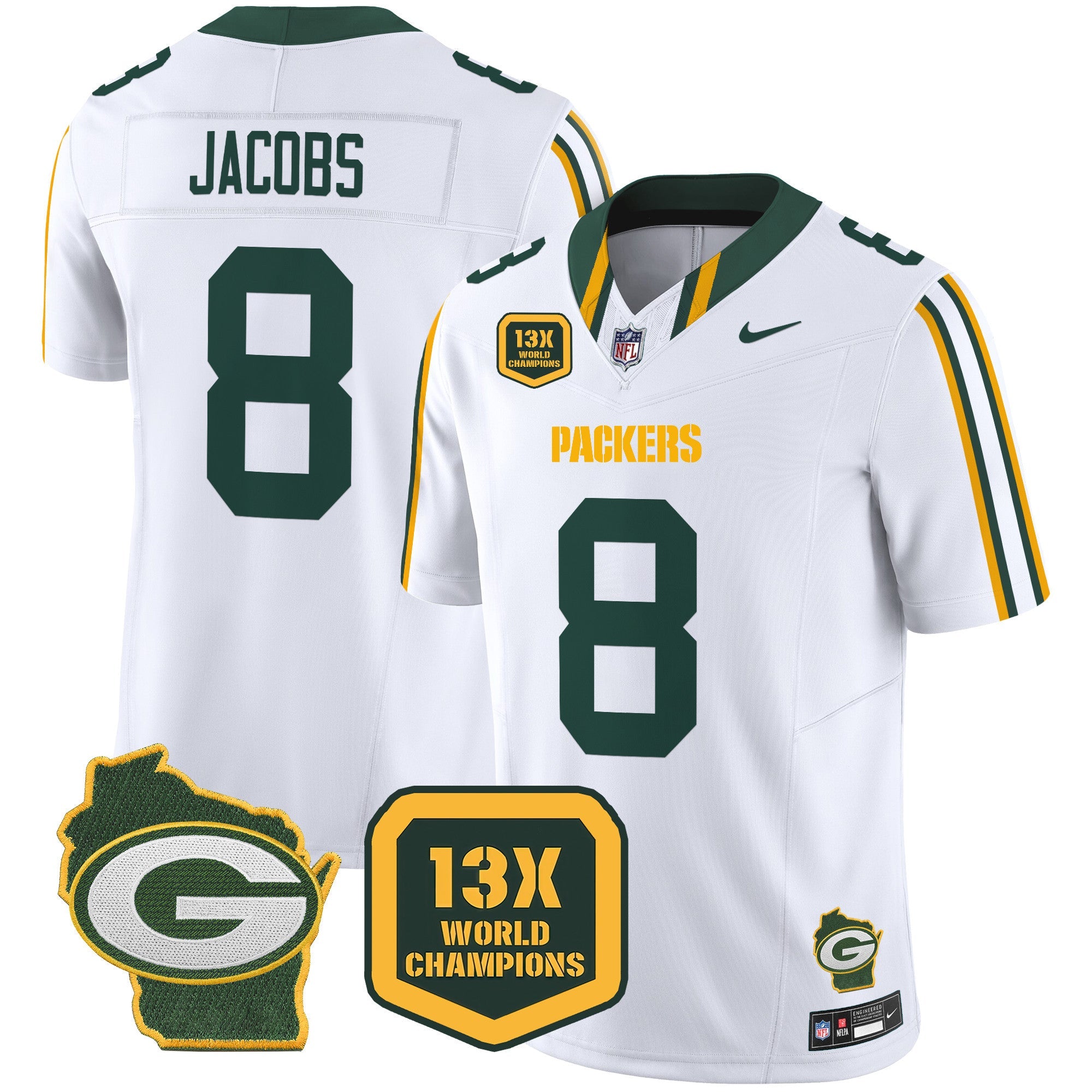 Packers 13 Time World Champions & Home Patch Vapor Limited Jersey – All Stitched – White – Josh Jacobs Jersey