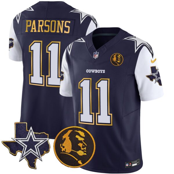 Cowboys Texas & John Madden Patch Gold Trim Vapor Jersey – All Stitched – Navy – Micah Parsons Jersey