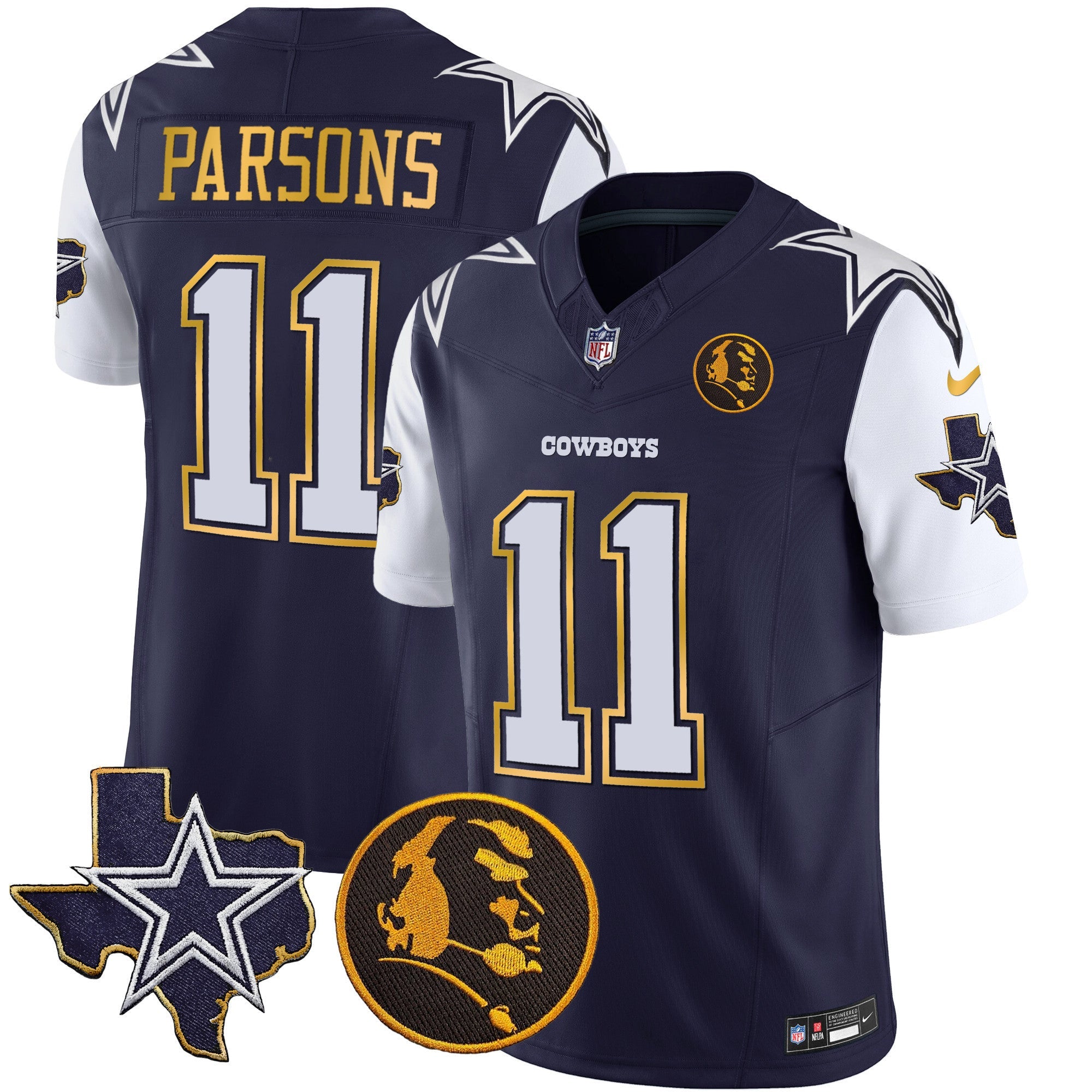 Cowboys Texas & John Madden Patch Gold Trim Vapor Jersey – All Stitched – Navy – Micah Parsons Jersey