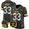 Packers 13 Time World Champions & Home Patch Gold Vapor Jersey V2 – All Stitched – Black Limited – Aaron Jones Jersey
