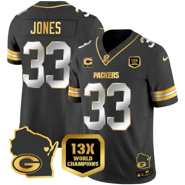 Packers 13 Time World Champions & Home Patch Gold Vapor Jersey V2 – All Stitched – Black Limited – Aaron Jones Jersey