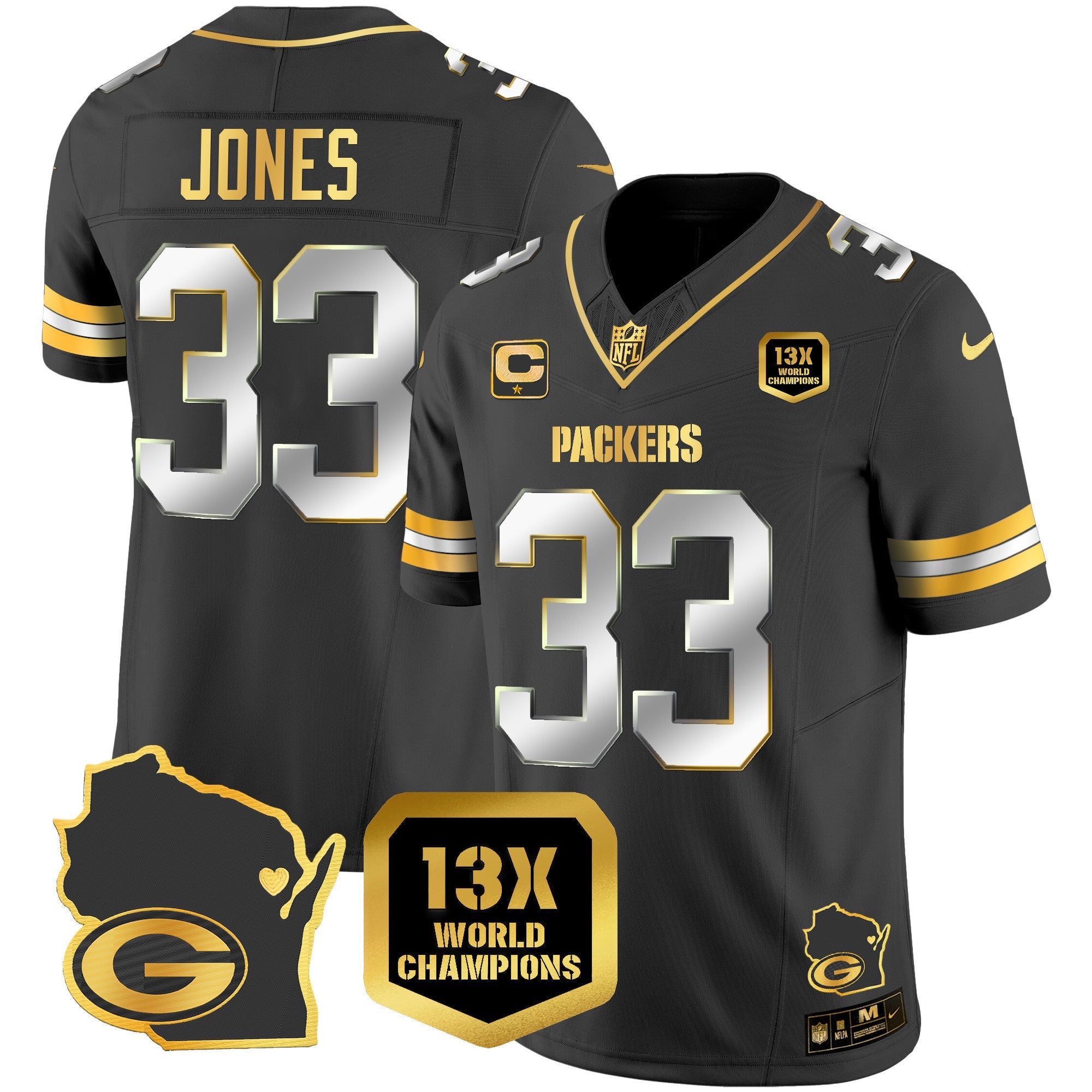 Packers 13 Time World Champions & Home Patch Gold Vapor Jersey V2 – All Stitched – Black Limited – Aaron Jones Jersey