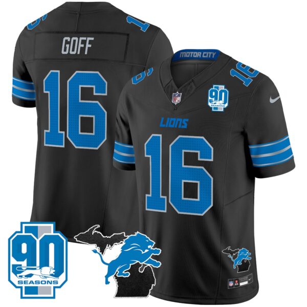 Detroit Lions 2024 Michigan & 90th Year Patch Vapor Jersey – All Stitched – Black – Jared Goff Jersey