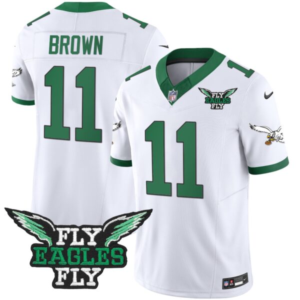 Fly Eagles Fly Patch Throwback Kelly Green Vapor Jersey – All Stitched – Kelly White – A.J. Brown Jersey
