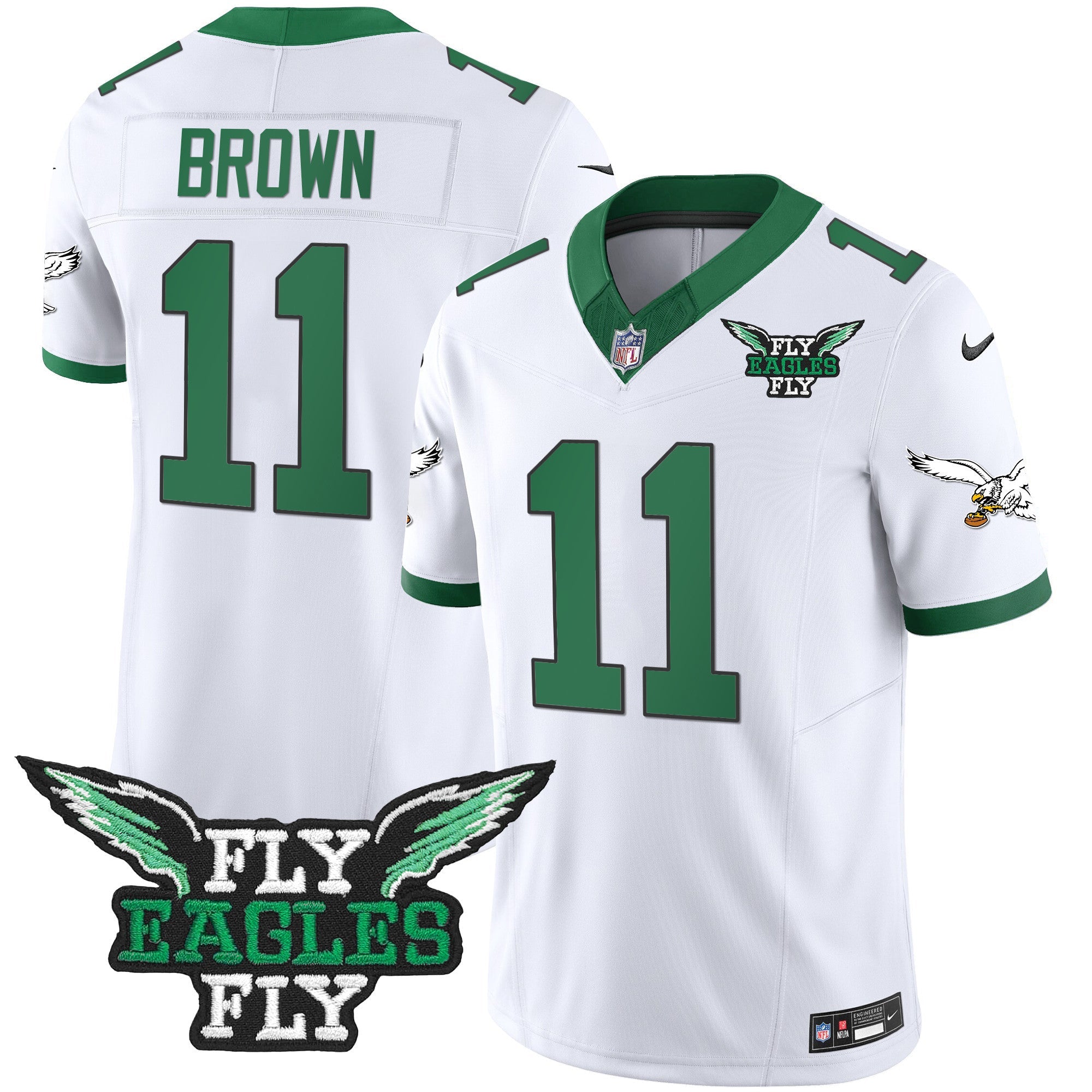 Fly Eagles Fly Patch Throwback Kelly Green Vapor Jersey – All Stitched – Kelly White – A.J. Brown Jersey