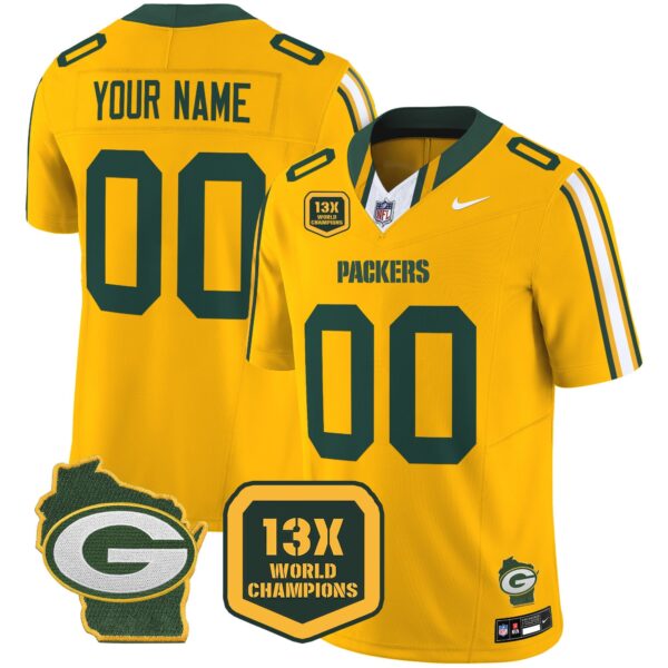 Packers 13 Time World Champions & Home Patch Vapor Limited Custom Jersey – All Stitched – Gold Jersey