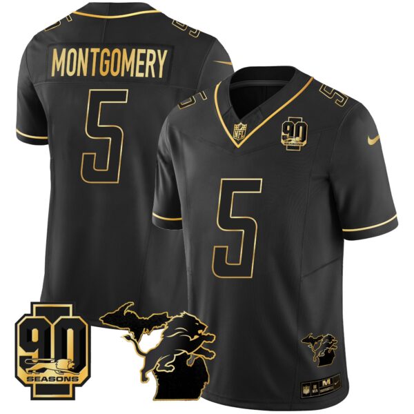 Detroit Lions 90th Year & Michigan Patch Gold Vapor Jersey – All Stitched – Black Gold – David Montgomery Jersey